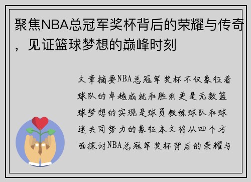聚焦NBA总冠军奖杯背后的荣耀与传奇，见证篮球梦想的巅峰时刻